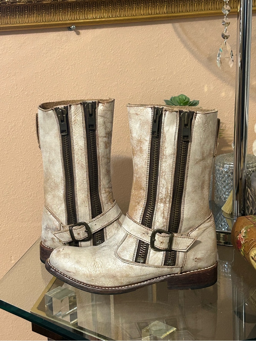 * RARE Bed Stu Cobbler Series Tango Distressed Leather Moto Boots Double Zipper